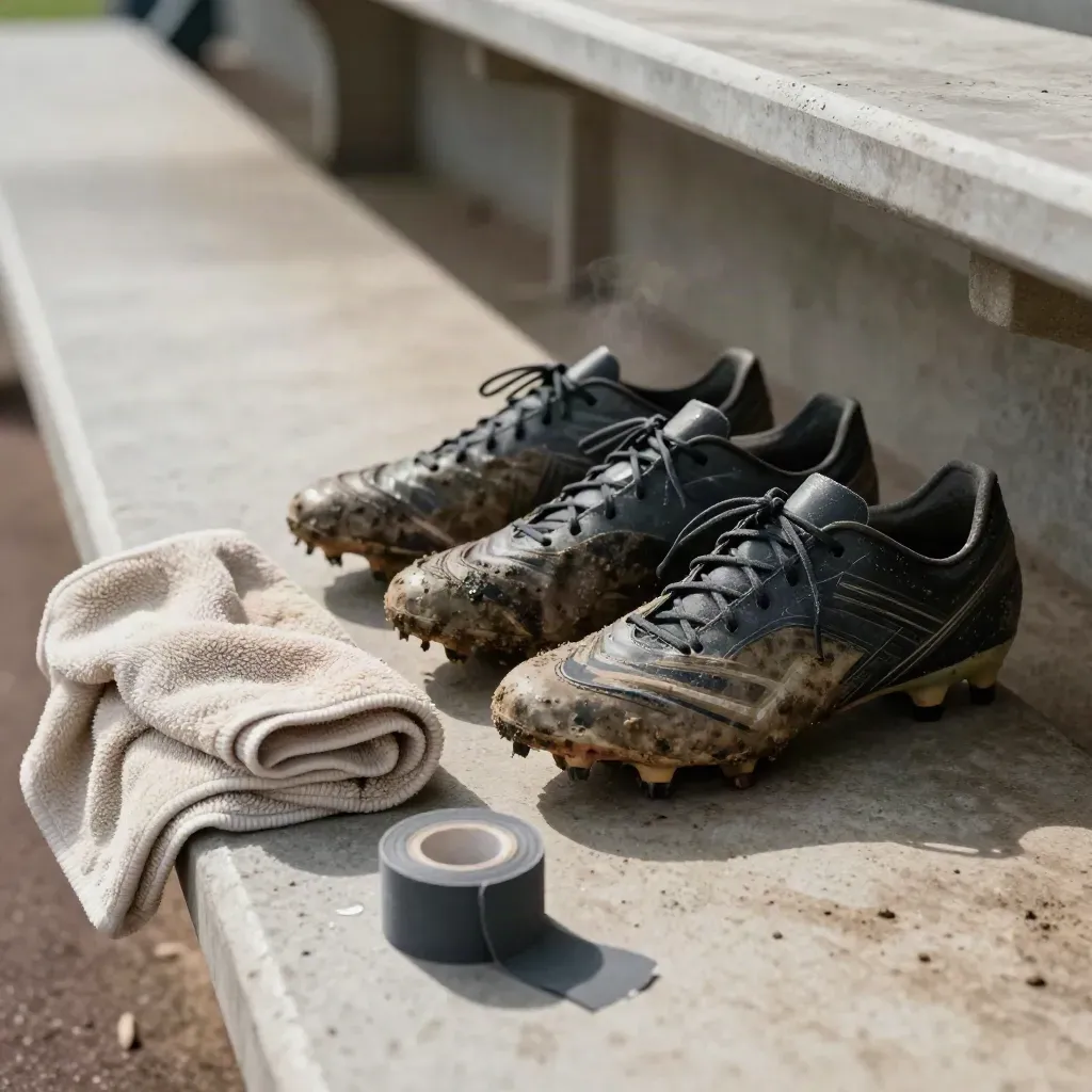 Scarpe da calcio infangate, asciugamano e nastro su panchina in cemento dopo la partita.