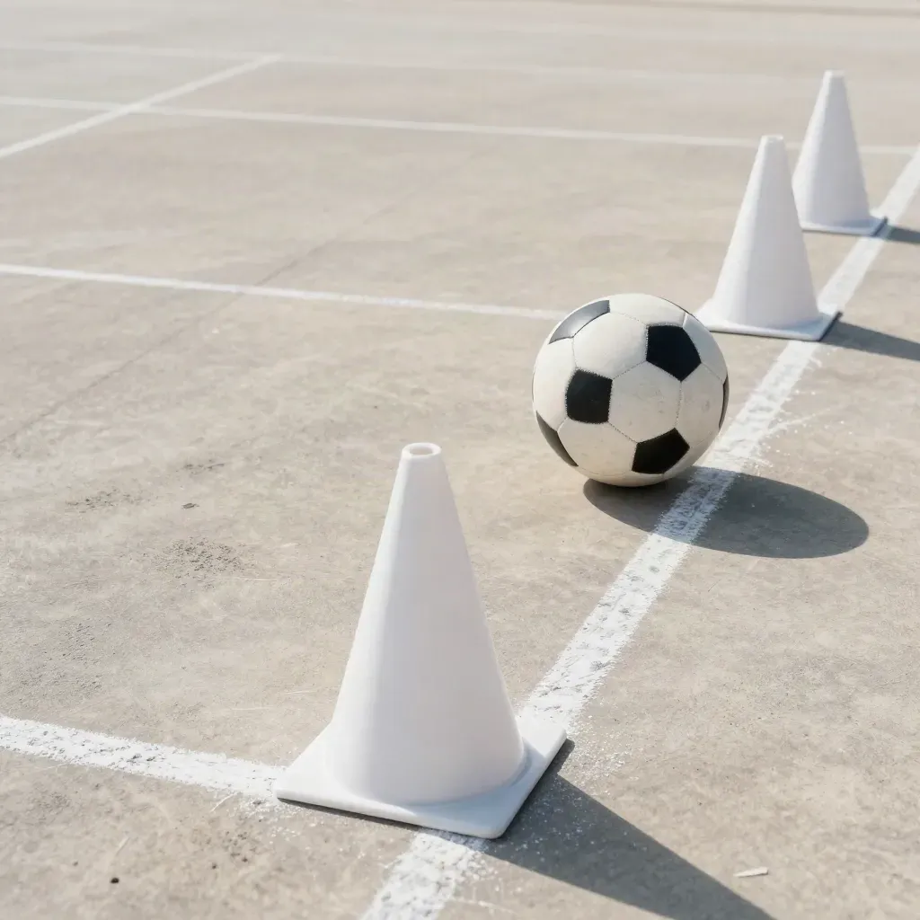 Coni da allenamento e pallone su cemento chiaro con linee di gesso, vista dall’alto