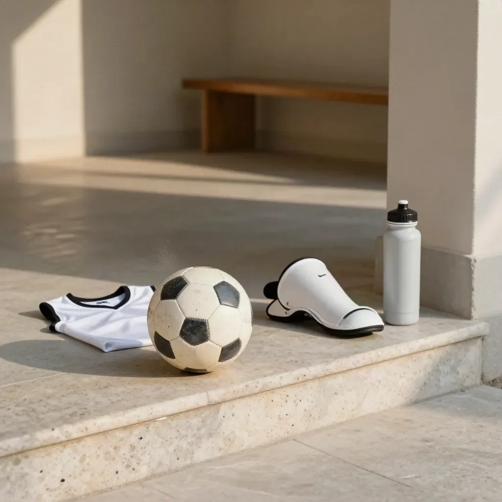 Angolo di spogliatoio giovanile con pallone, pettorale, parastinchi e borraccia su gradino di pietra.