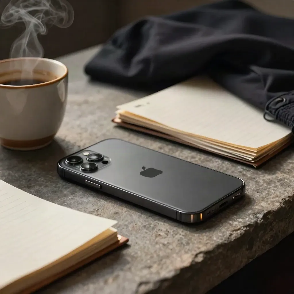 Smartphone spento, caffè quasi finito, appunti chiusi e giacca su tavolo di pietra