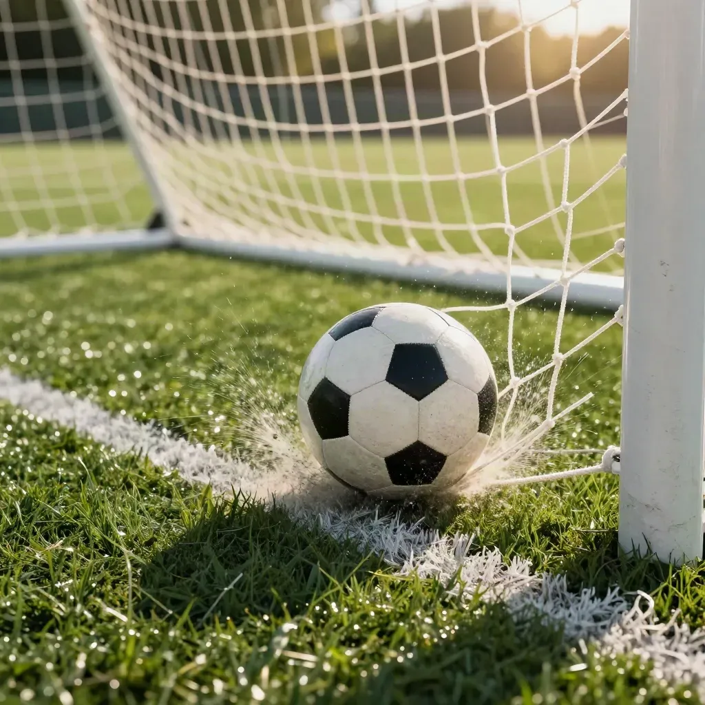 Pallone contro la rete laterale dietro la porta, con erba e luce calda di campo.