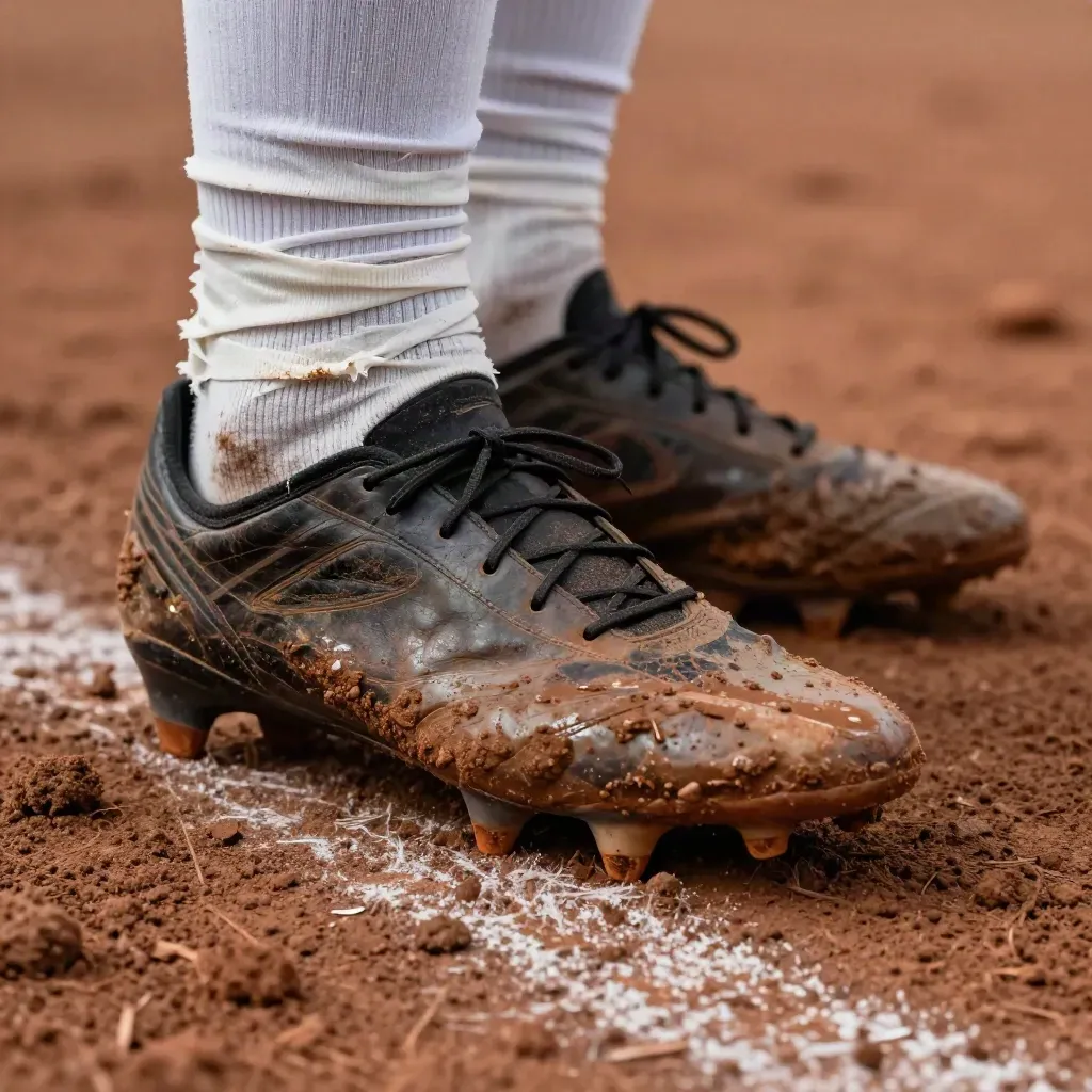 Scarpe da calcio infangate con nastro bianco e linea di campo sfocata su terra scura