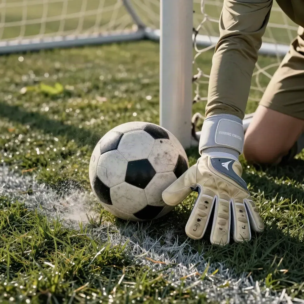 Guanti da portiere umidi e pallone fermo sull’erba dopo una parata decisiva