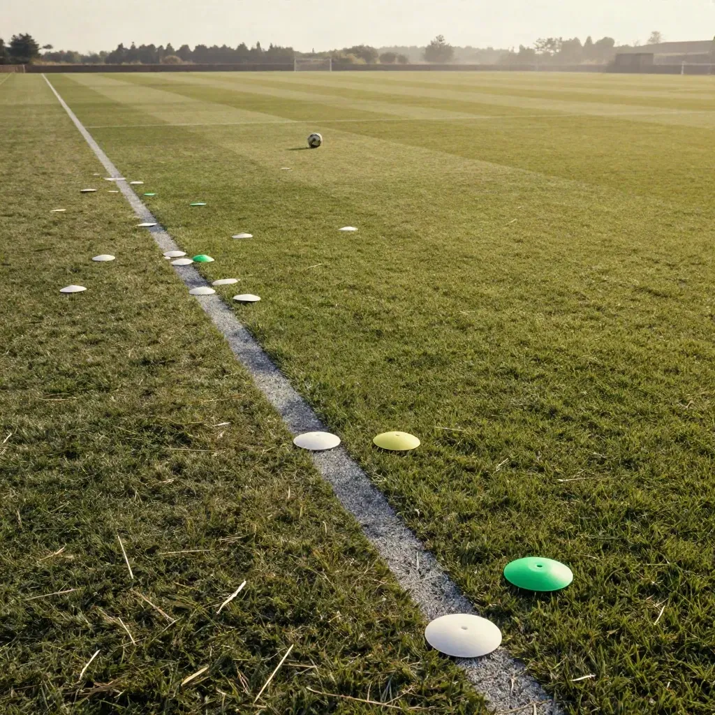 Due corsie d’allenamento con pallone fermo e ombre nette sul prato