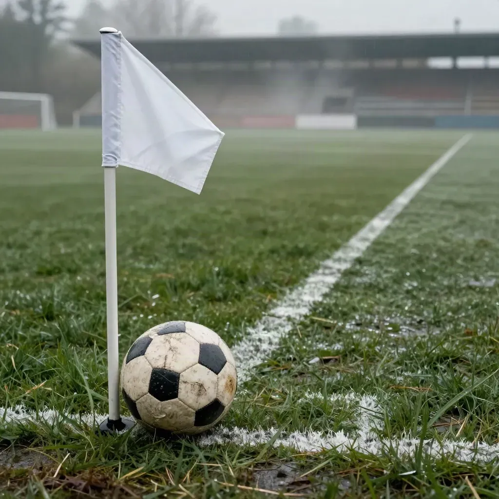 Fascia aperta del Napoli, corner piegato dal vento e pallone sulla linea, luce calda post-pioggia.