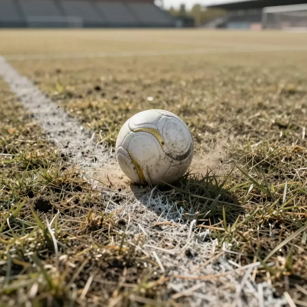 Pallone vicino all’area, erba smossa e tacchetti incrociati, luce calda e ombra densa.