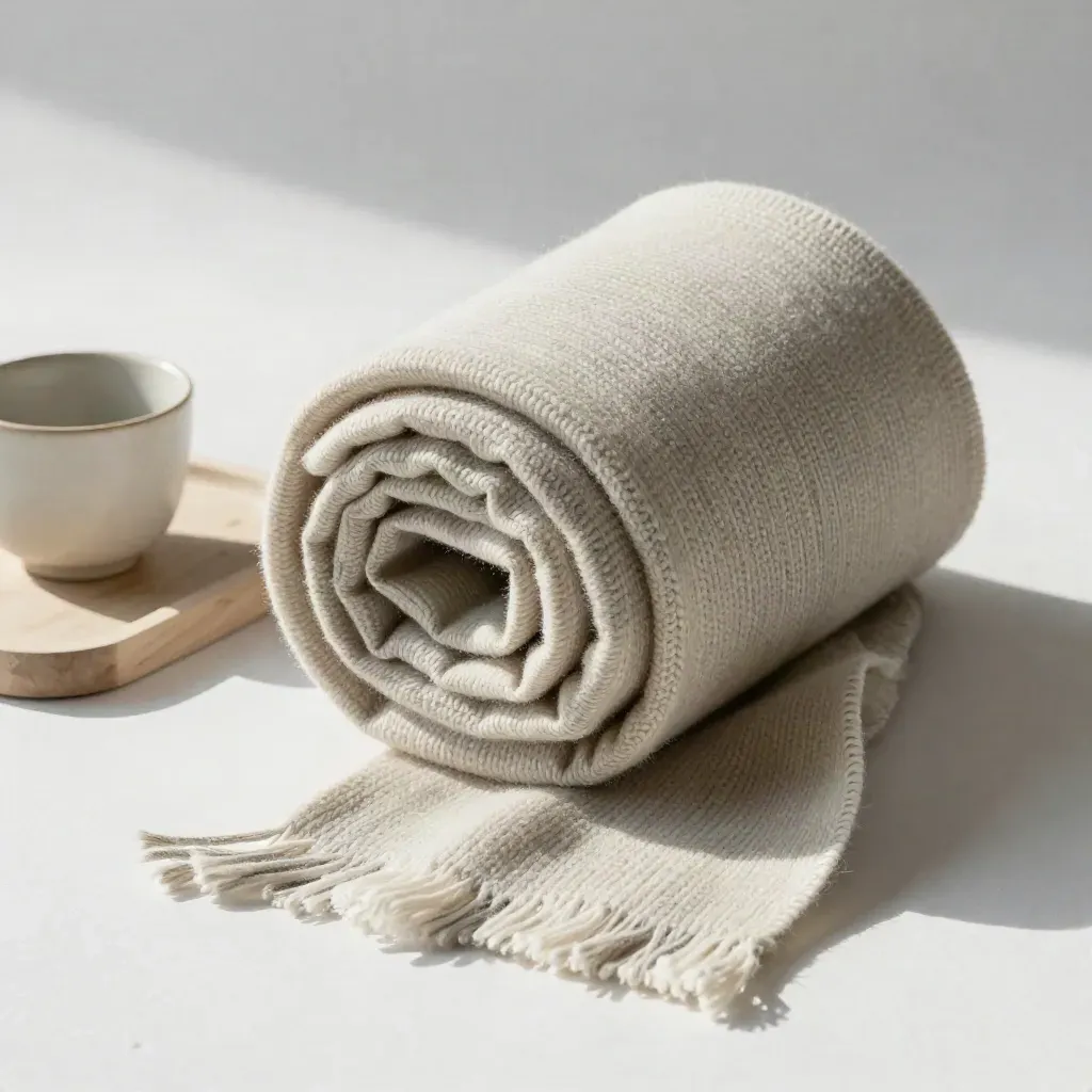 Sciarpa neutra arrotolata con tazza in ceramica e vassoio in legno chiaro su fondo chiaro.